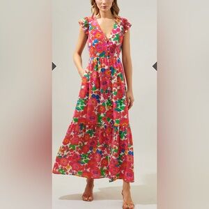 1270. Sugarlips, Pink Red Tropical Floral Evianna Maxi Dress, Size S